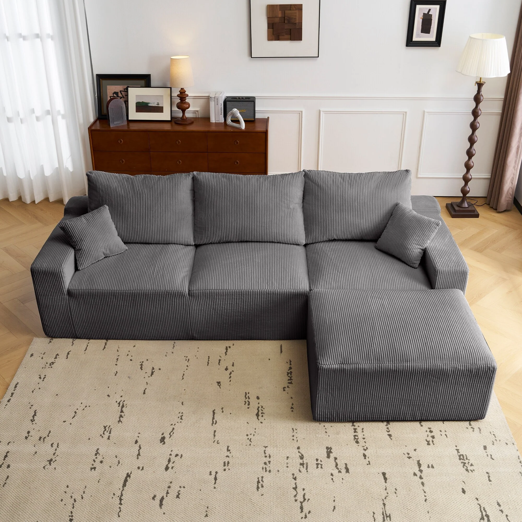 110 L-Shaped Modular Sectional Sofa 3-Seater Corduroy Couch with one Ottoman and 2 Pillows