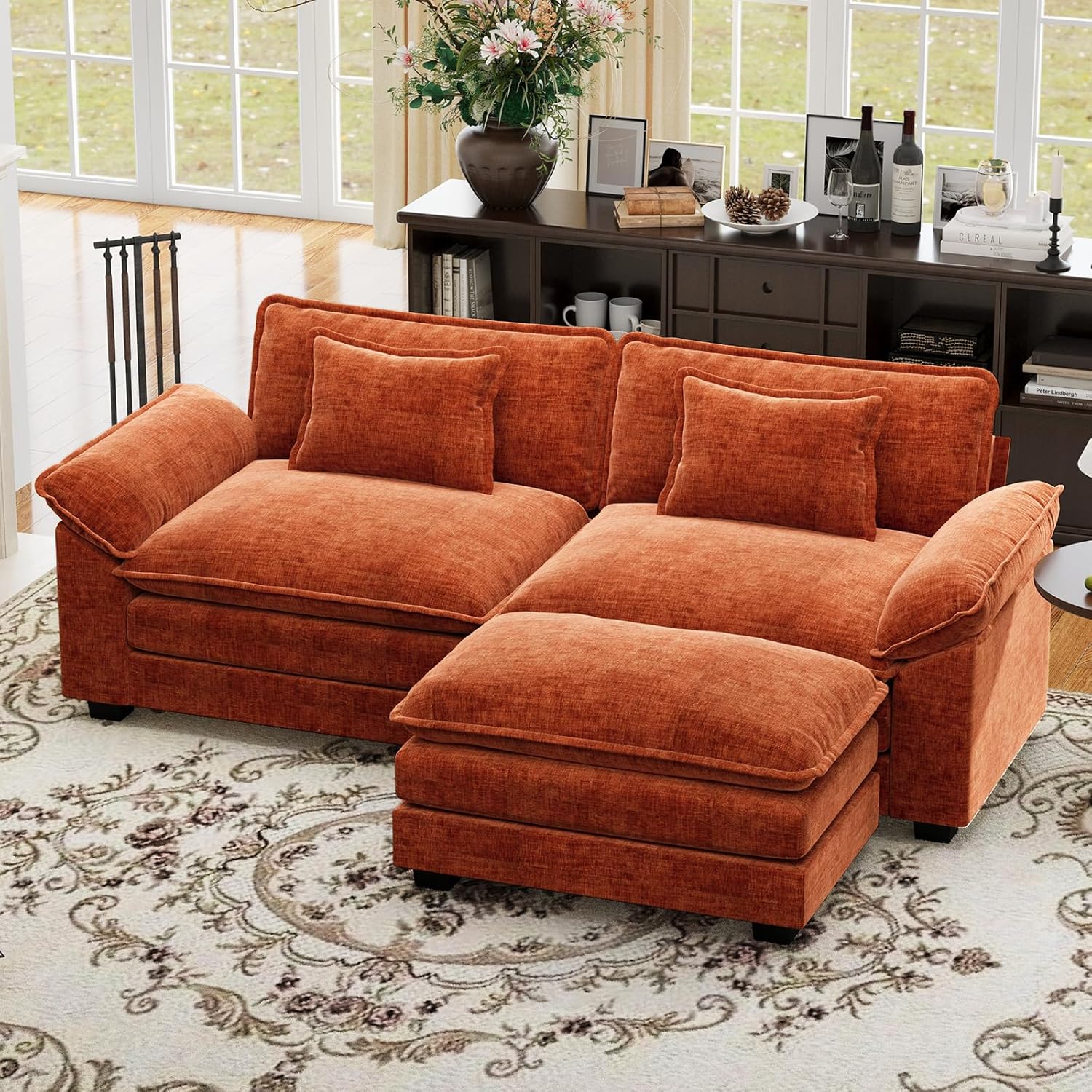 CDCASA 86 Modular Sectional Sofa, Comfy L-Shaped Cloud Couch with Movable Ottoman, 3-Seater Chenille Deep Seat Modern Sofa Couch for Living Room, Terracotta Orange