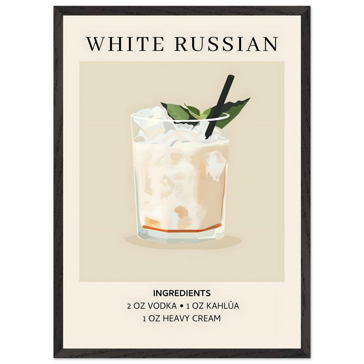 Artfulprints Poster met Lijst White Russian cocktail - Ingrediënten  - 50x70 cm - Wit