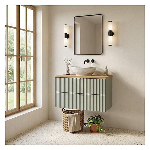 Ensemble ELVINA 80cm : meuble sous vasque à tiroirs vert et plan pour vasque aspect bois foncé et vasque à poser marbrée