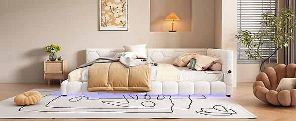 Lit Simple 140x200cm, Canapé-Lit avec éclairage Ambiant, USB, Typ-C, Blanc