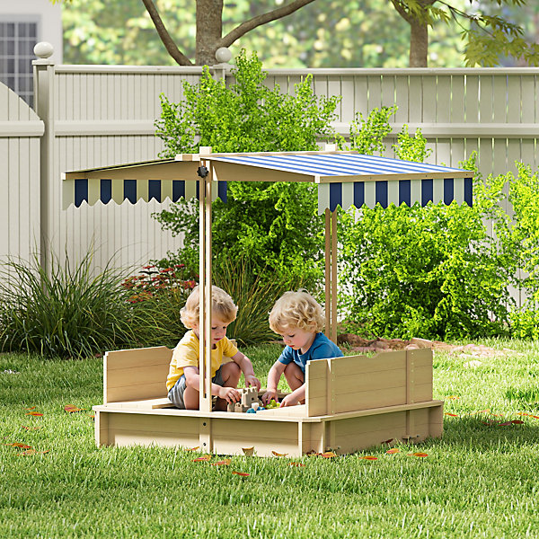 Bac à sable carré en bois pour enfant dim. 106L x 106l cm avec bancs et couvercle - auvent réglable