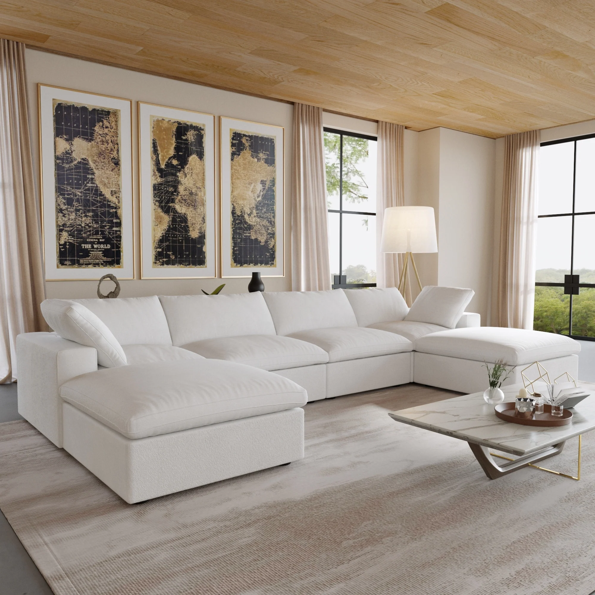 U-shape Linen Upholstered Sectional Sofa Multiple Cushions Modular Couch