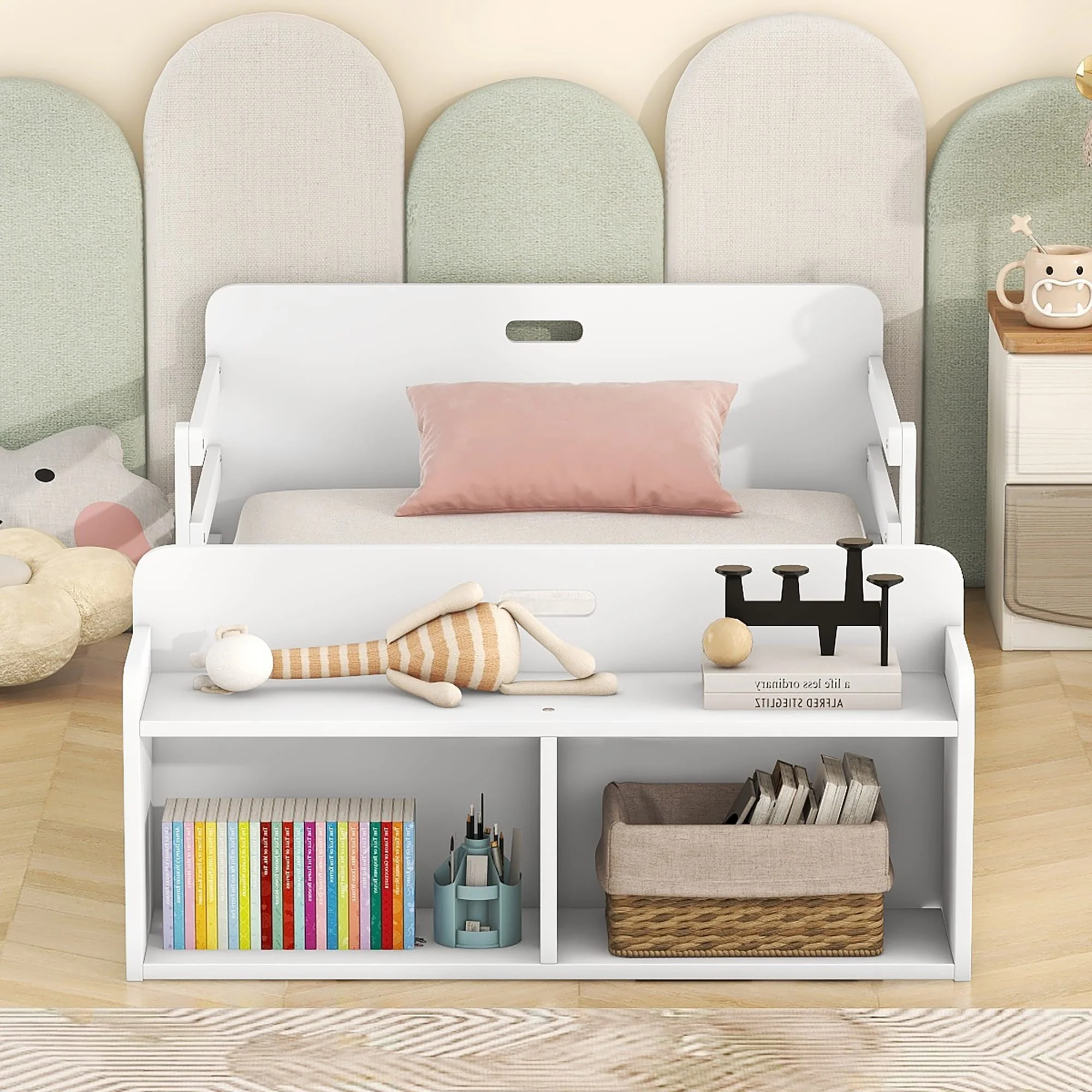 Multifunctional Twin Floor Bed with Storage Footboard and Guardrails, Durable Wood Frame