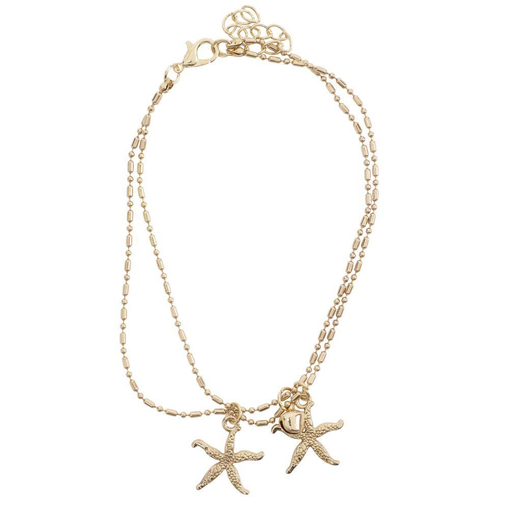 ChaÎne cheville 2 rangs pampilles étoiles de mer métal doré L11cm