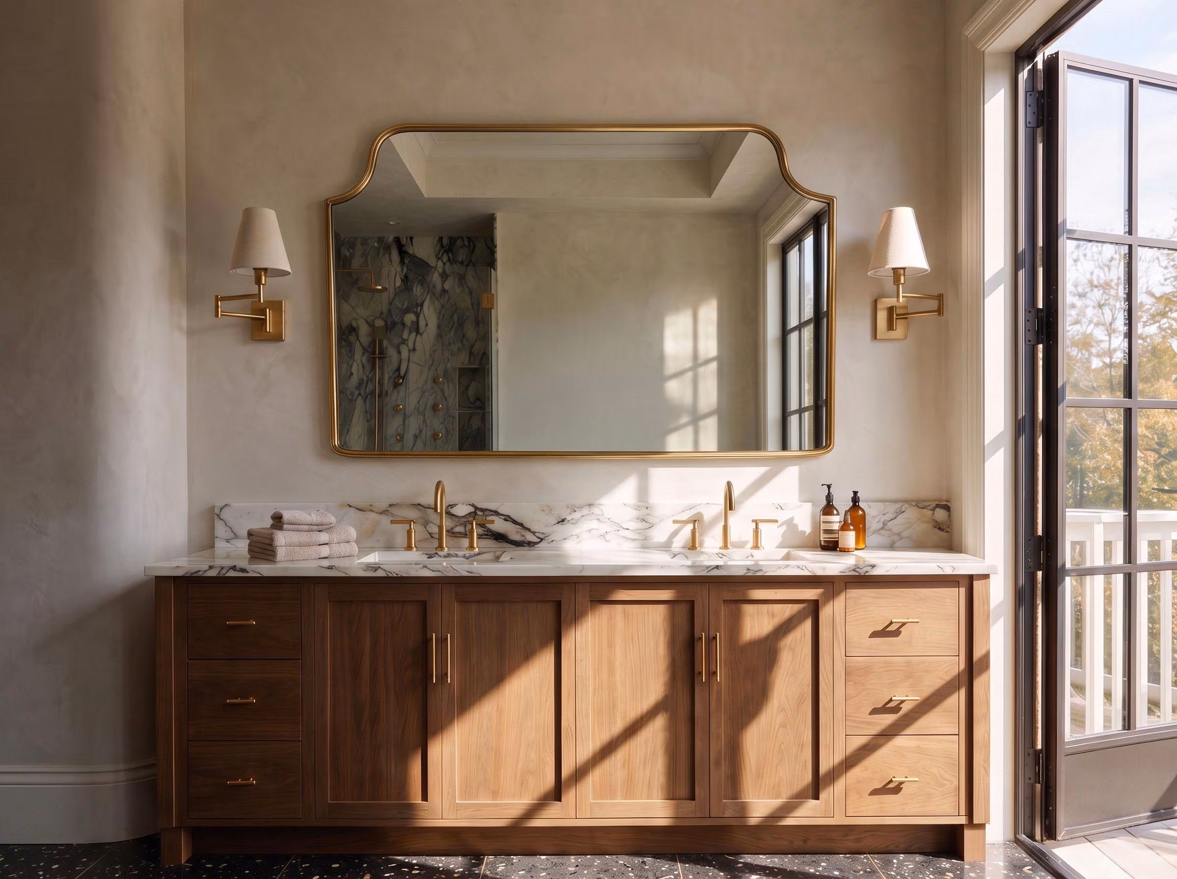 Wide Wall Authentic Brass Mirror for Double Vanity, Mantel or Master Bathroom Decor – Horizontal Design, Customizable Size