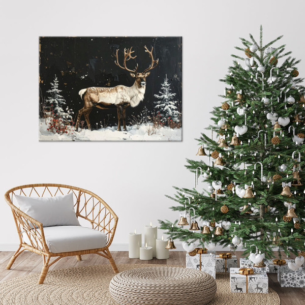 Obraz do salonu jadalni biura, Renifer zima śnieg choinki 30x20