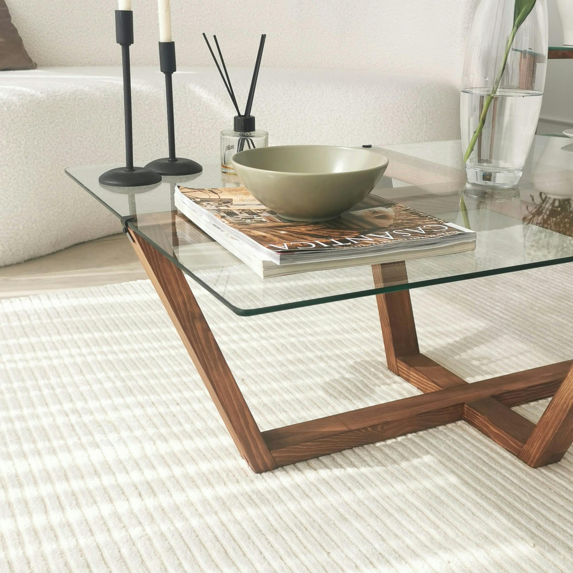 Table basse verre trempé - pied croisé en bois brun LHASA