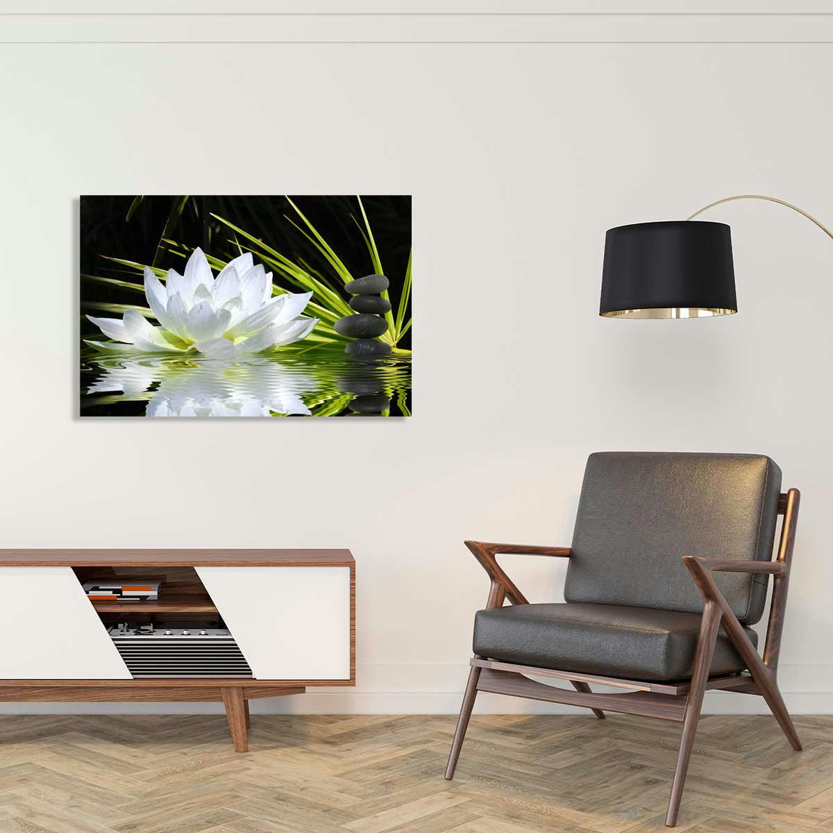 - Tableau fleur de lotus et galets toile imprimée 120x80cm