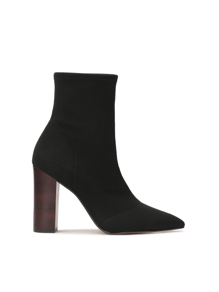 Black fabric boots with high heels