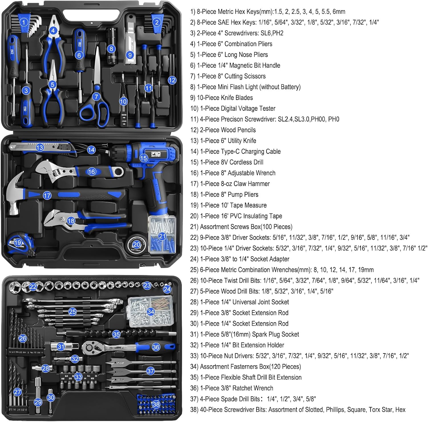 Prostormer Tool Set with 8V Cordless Drill, 369-Piece Home Tool Kit with Drill Driver, Toolbox Storage Case with Drawer, General Household Tools for Home Repairs and DIY, Handyman (Blue)