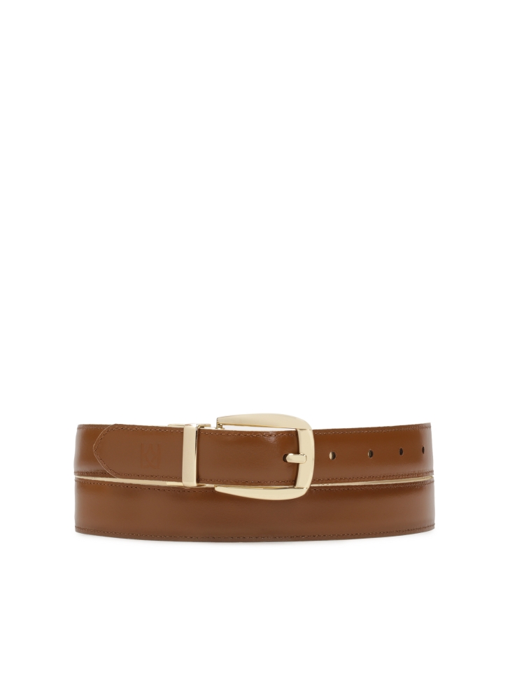 Double-sided belt in beige and brown color with gold buckle