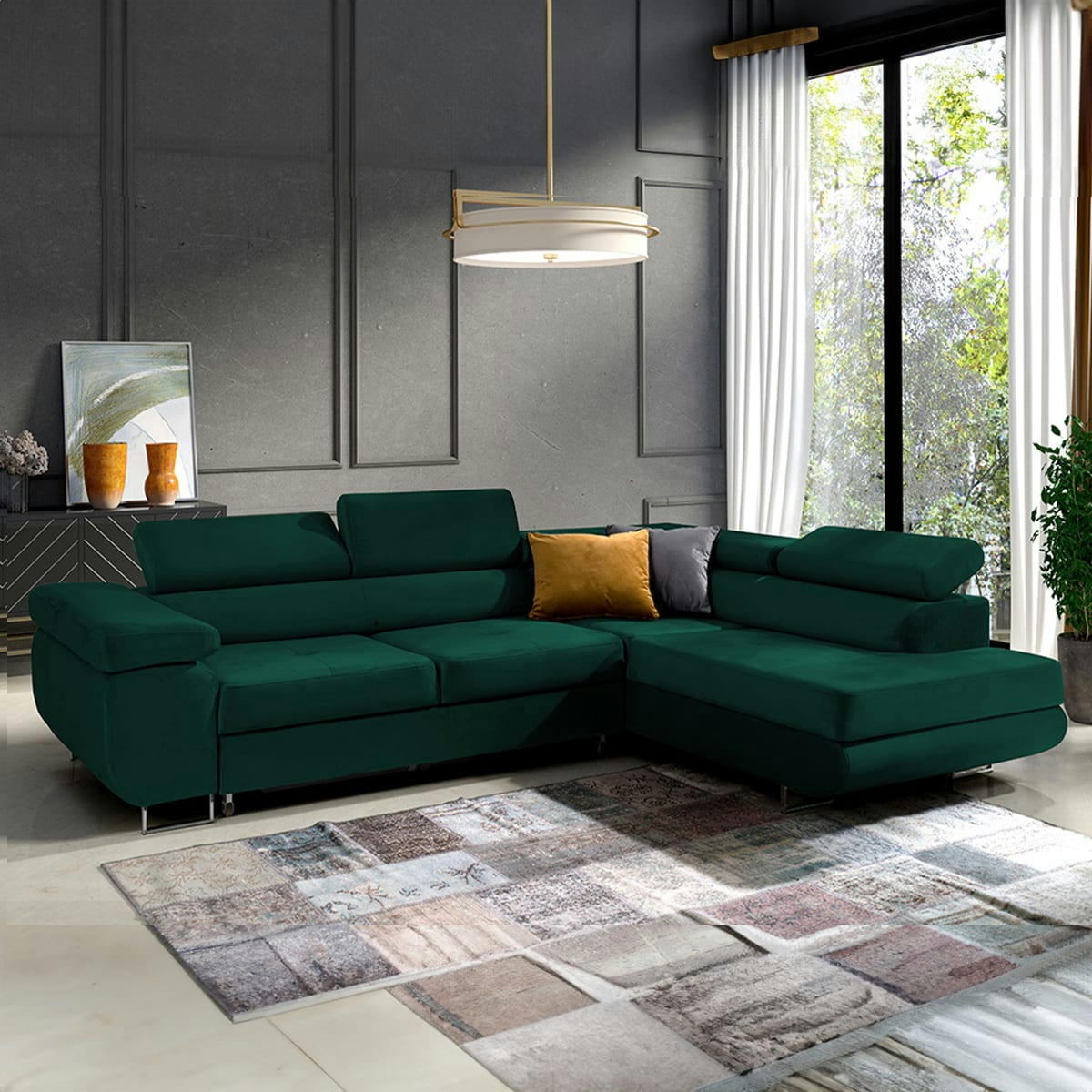 - Canapé d'angle convertible droit 4 places velours vert