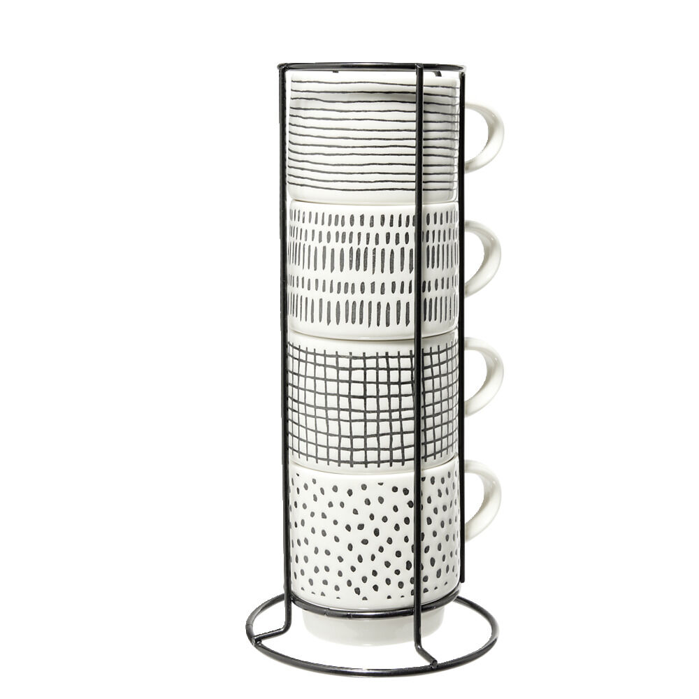 Lot de 4 tasses empilables 20cl porcelaine blanc et noir avec support métal