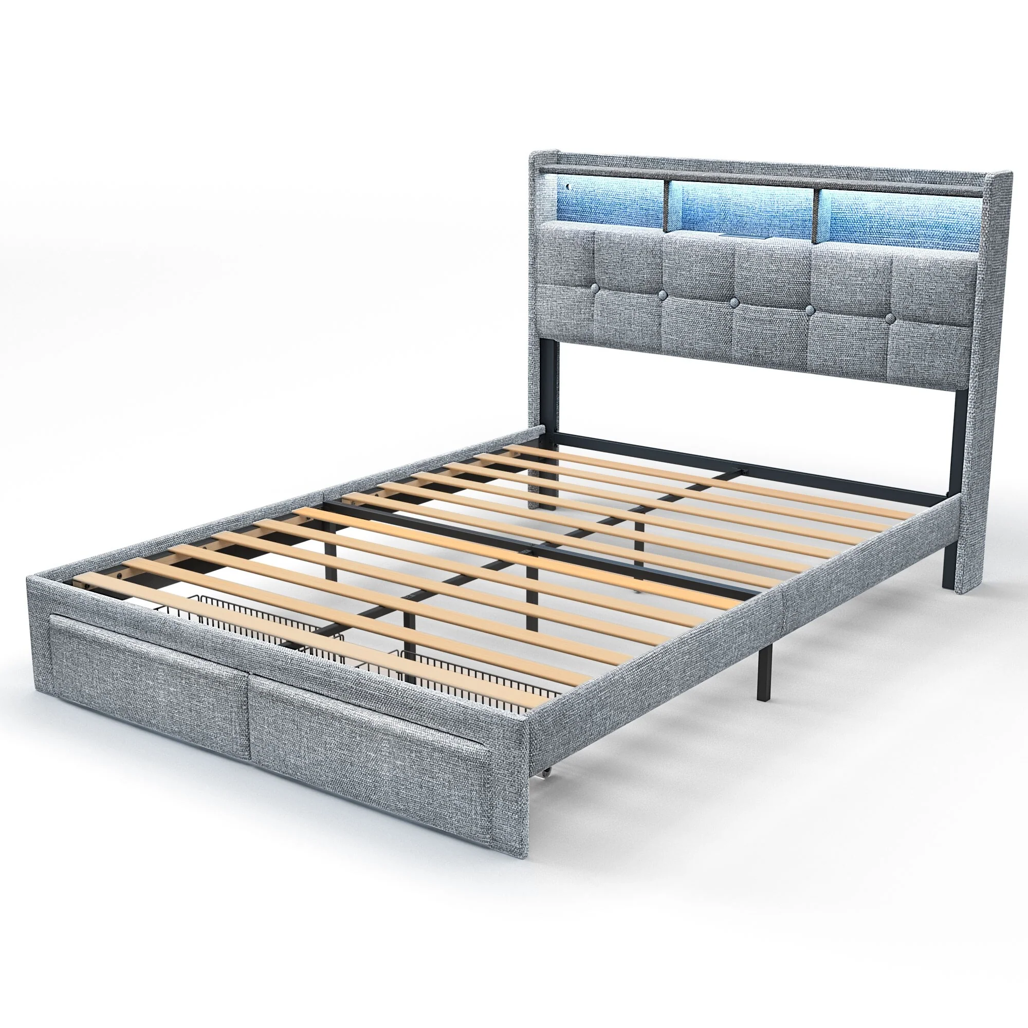 Queen Upholstered Platform Bed with LED Lights Storage Headboard Charging Ports