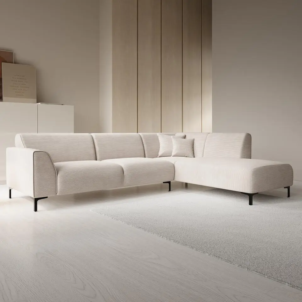 Meubella - Moana - Hoekbank 4-zits met chaise longue - Ribstof beige - Rechts