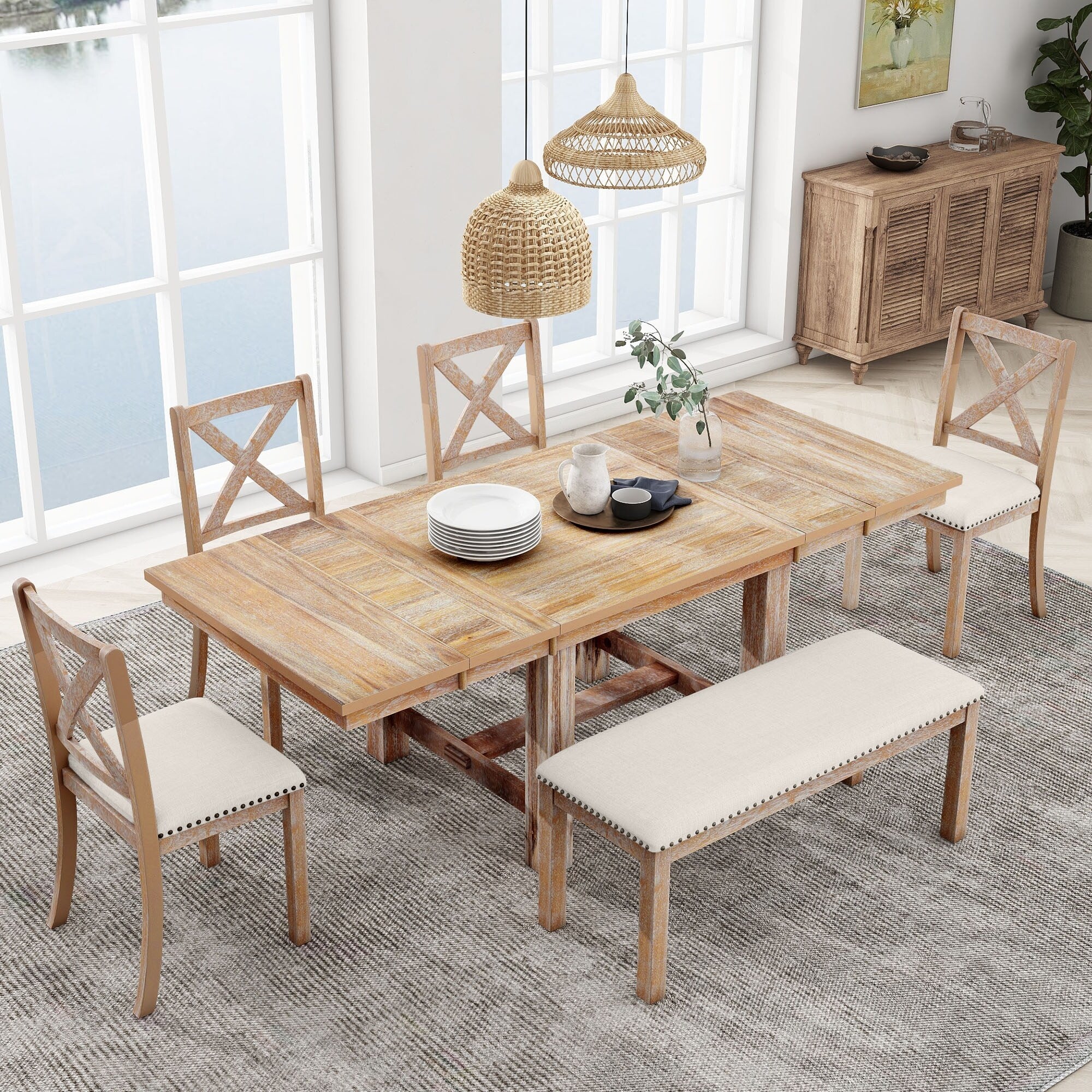 Roomfitters Farmhouse 82 6-Piece Extendable Dining Table Set with Upholstered Chairs and Bench, Natural Beige