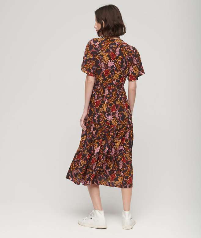 Printed Short Sleeve Tiered Midi Dress