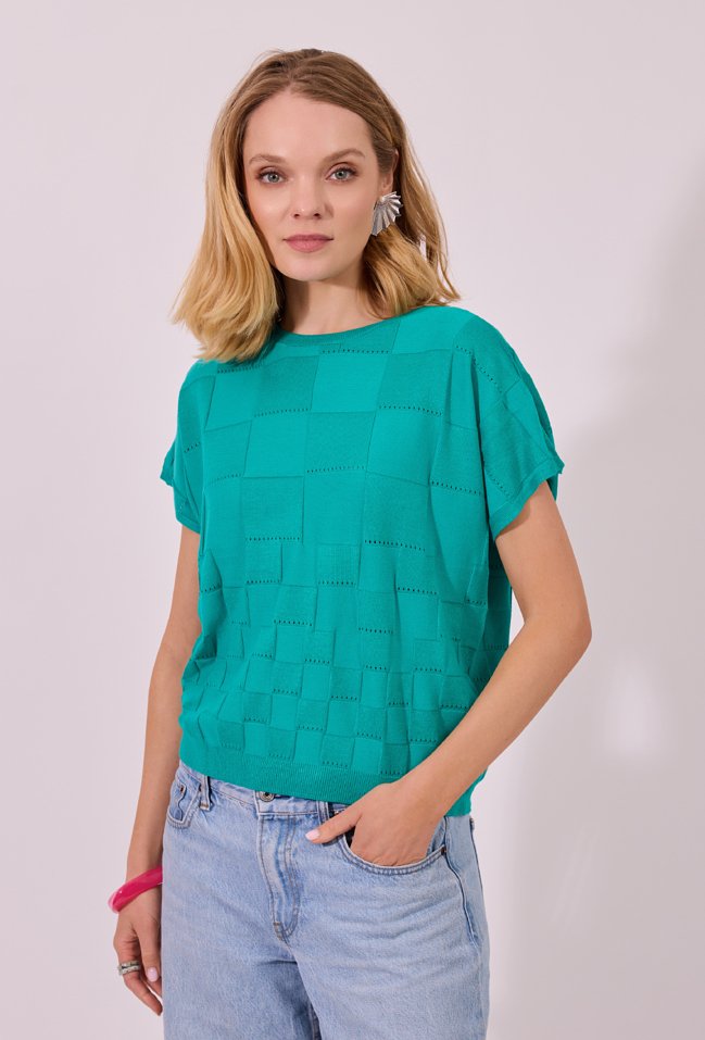 Szmaragdowy Sweter Oversize w Geometryczny Wzór