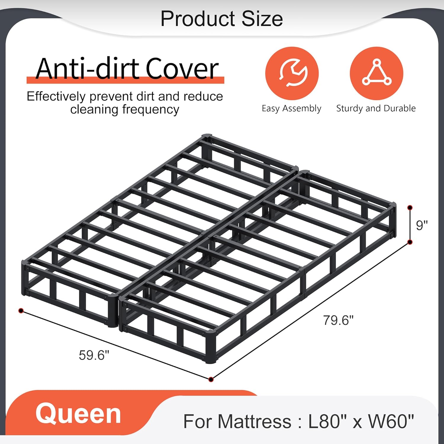 9 Inch Split Queen Box Spirng High Proflie Metal Box Spring for Queen Bed with Fabric Cover,Heavy Duty, Mattress Foundation, Easy Assembly, Noise Free