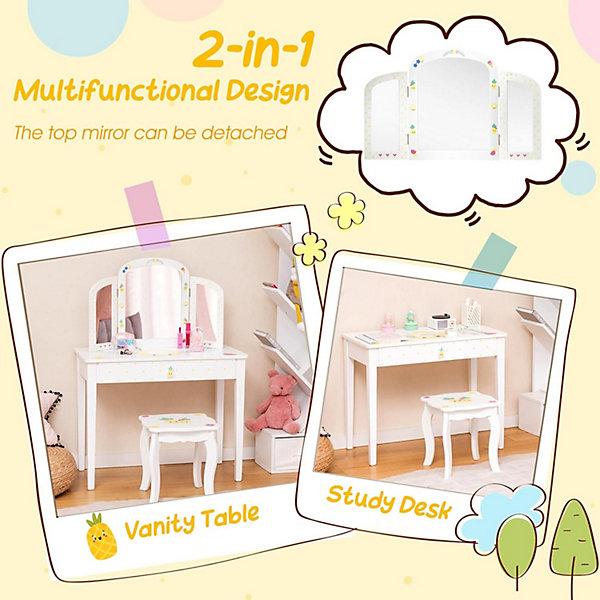 Coiffeuse Enfant Table de Maquillage avec Miroir Triptyque et Tabouret Charge 50KG pour Enfants 3 Ans Ananas