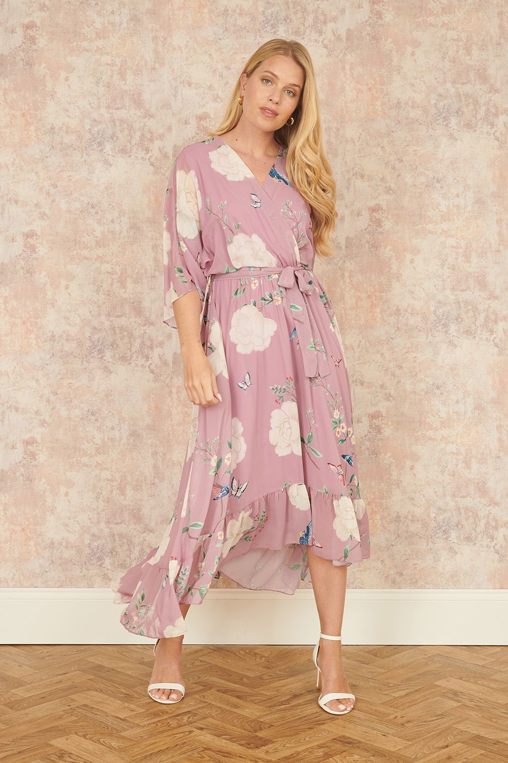Yumi Pink Bird and Floral Print Midi Wrap Dress