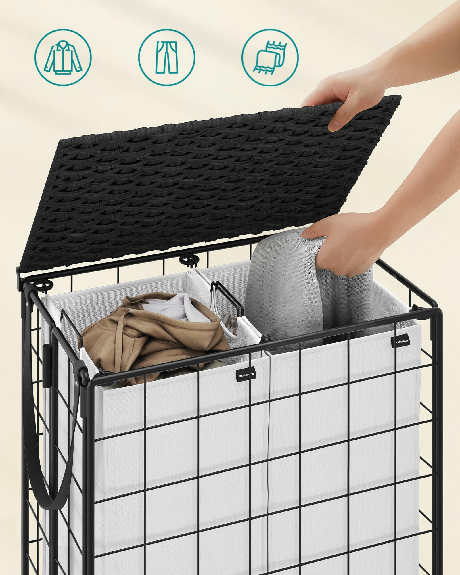 - Panier à linge acier tissu oxford noir d'encre et blanc nuage