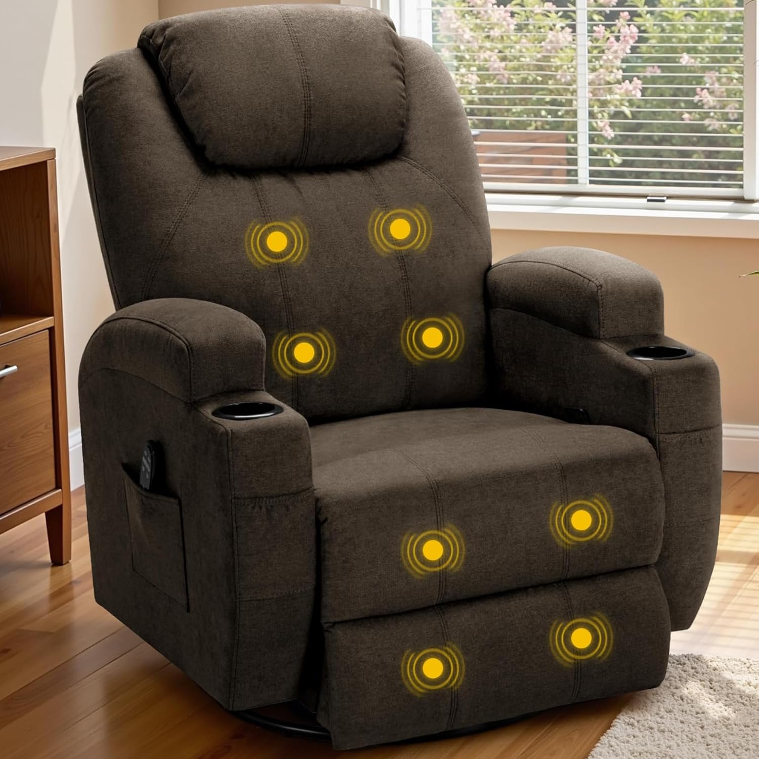 Recliner Chair, 360° Swivel Rocker Chair for Adults, Rocking Recliner Chair with Massage, Comfy Single Sofa with Side Pockets Cup Holders for Living Room, Bedroom, Nursery (Fabric, Brown)