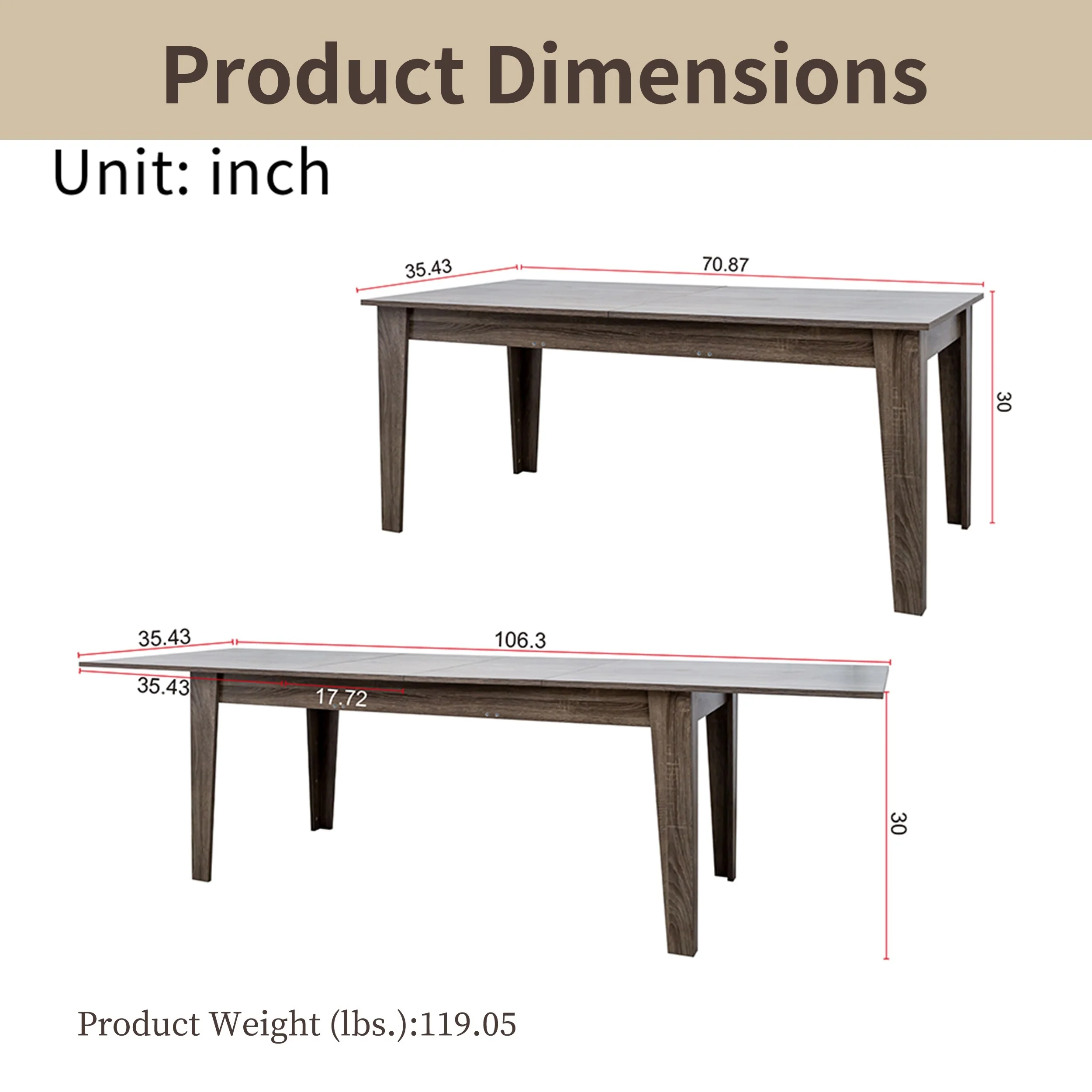 106.3 Extendable Dining Table, Woodgrain,Space-Saving,110LBS Capacity