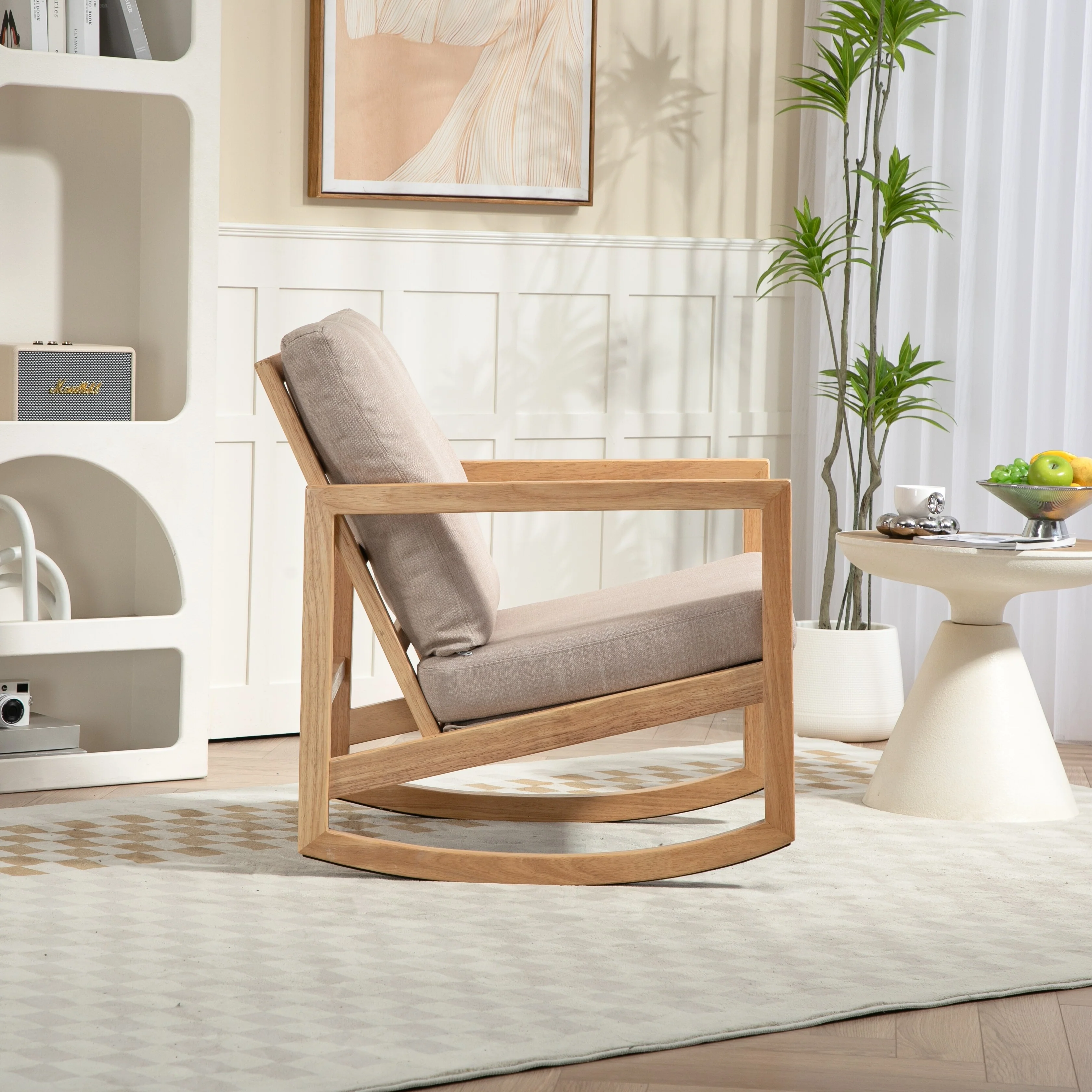 Rubberwood Glider Chair with Khaki Upholstery