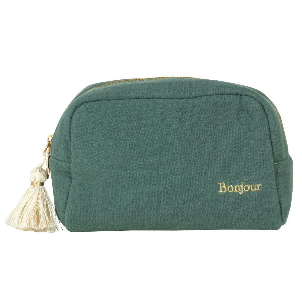 ESSENTIELLE - Trousse en gaze de coton verte et pompon 18x12