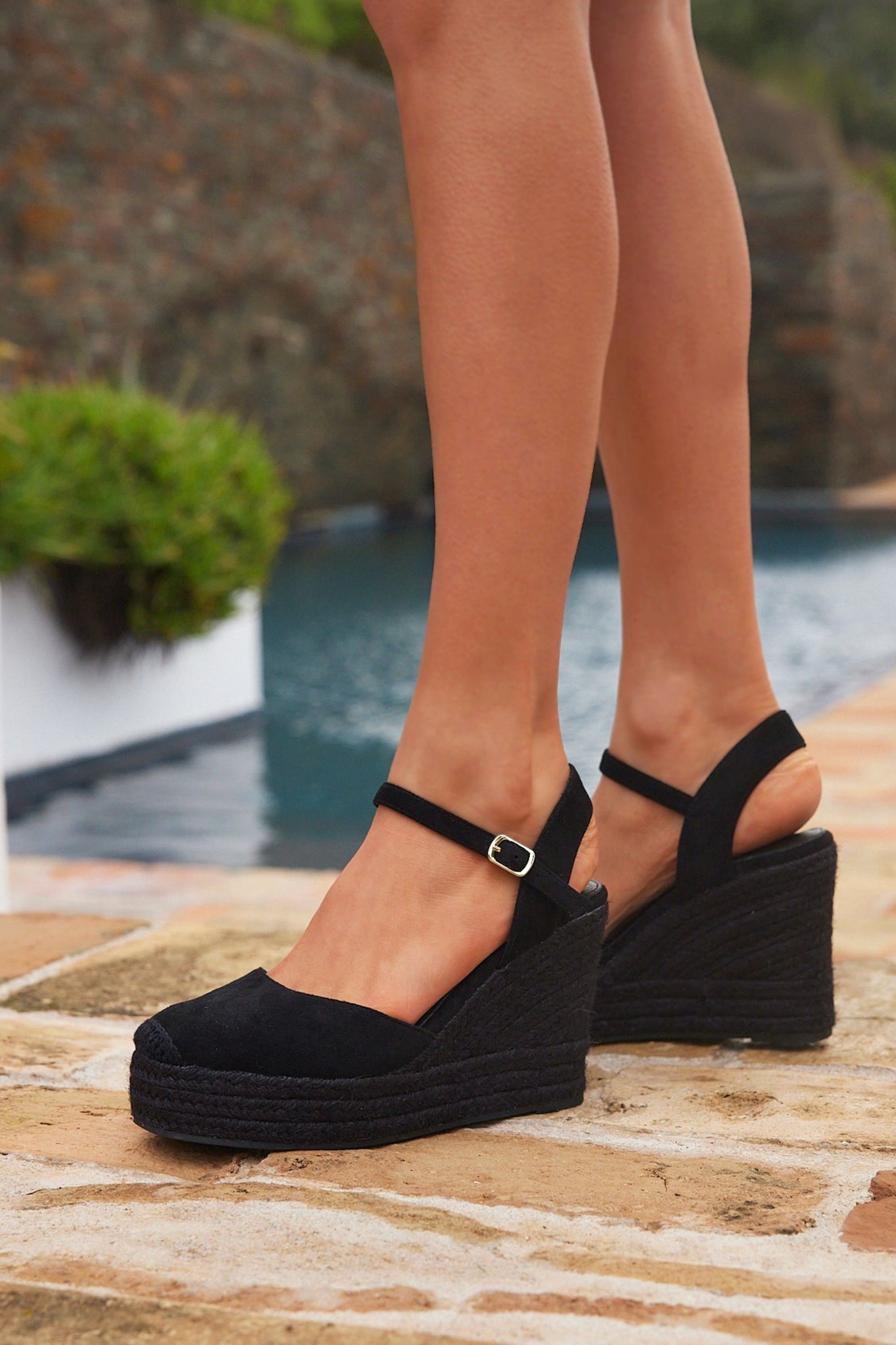 Linzi True Black Faux Suede Espadrille Wedges