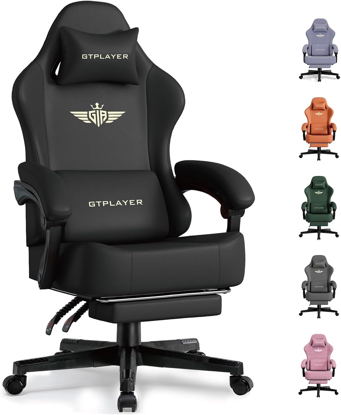 GTPLAYER Gaming Chair with Pocket Spring Cushion, Big and Tall Gamings Chairs 350LBS High Back Computer Chair with Footrest for Adults Lumbar Support Swivel Game Chair for Office, Leather Black