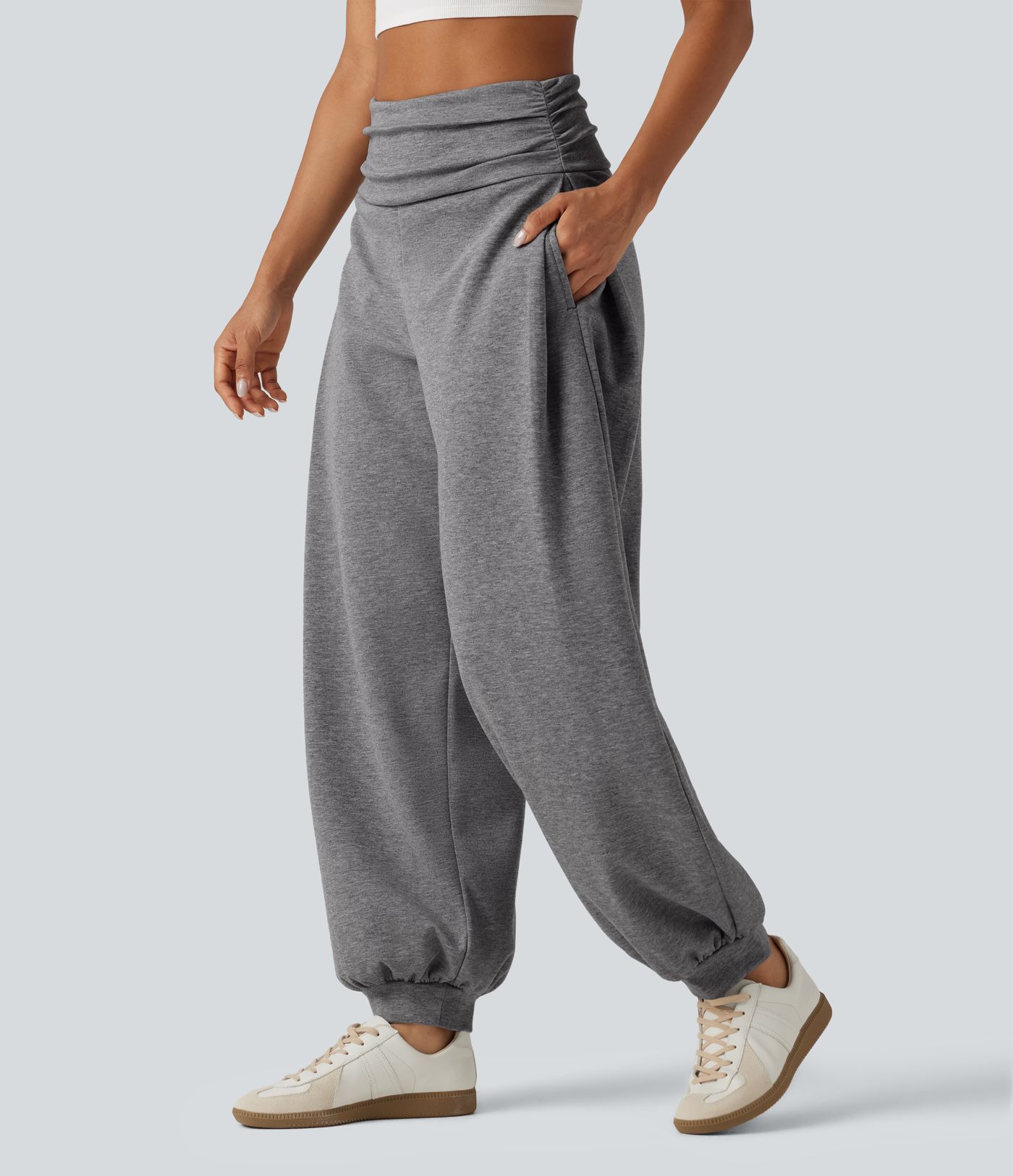 Jogging taille haute froncé coupe ballon avec poches