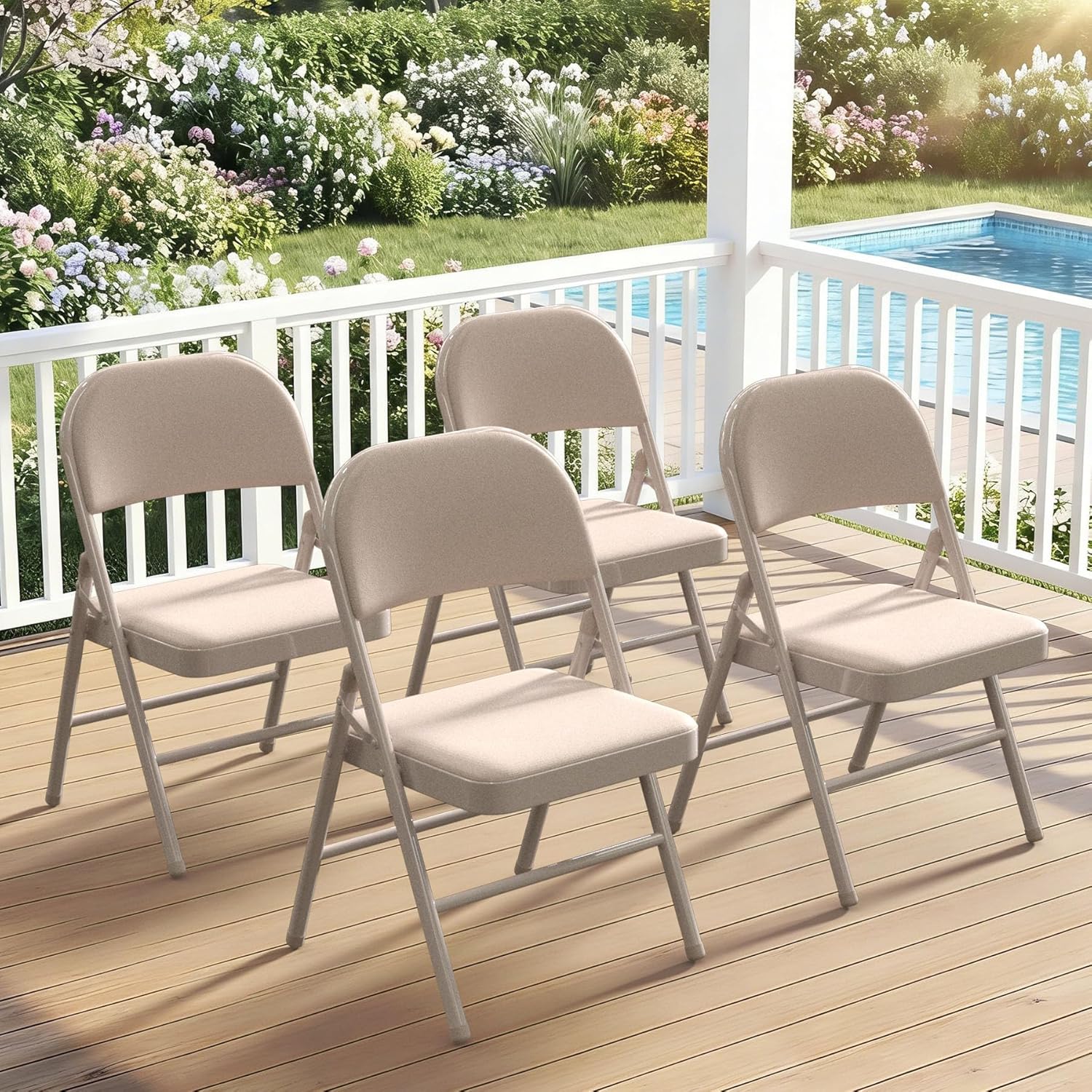 YLGJ&TIDY Set of 4 Folding Chairs with Padded Cushion and Steel Legs Portable Foldable Chairs Metal Folding Chair for Outside Indoor Dining Room Office Party, No Assembly, Beige