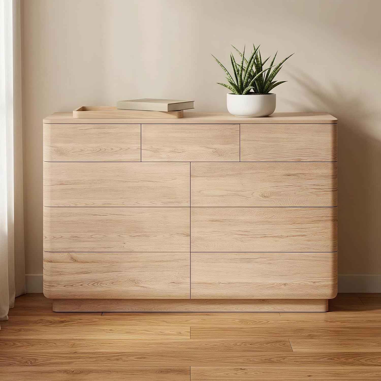 JXQTLINGMU 9 Drawer Dresser for Bedroom, 52 Wide Modern Wood Dressers with Push-to-Open Drawers for Closet Storage, Chest of Drawers TV Stand for Living Room & Hallway, Curved Profile, Natural