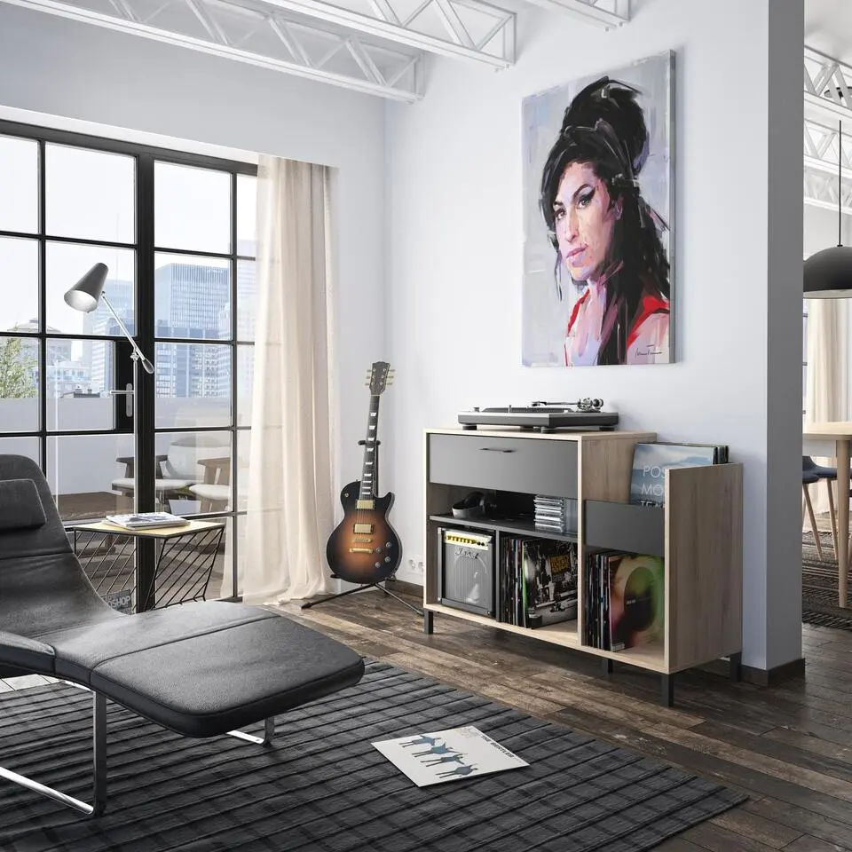 Diagone Meubel voor LP's Chicago - ong. 290 platen - zwart/eikenkleur