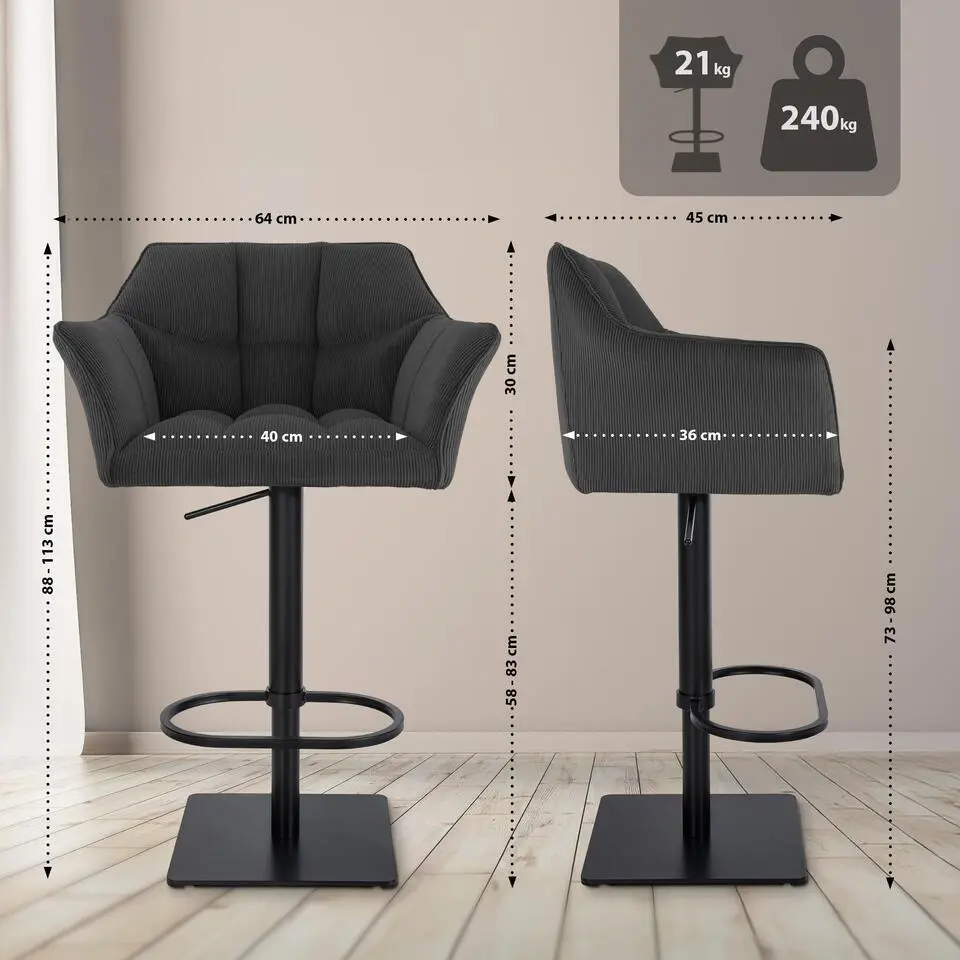 CLP Barkruk Damaso zwart Frame - Ribstof - donkergrijs