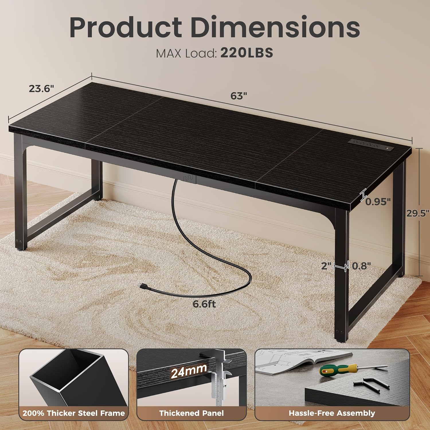 Huuger 63 x 24 inch Desk with Power Outlets & USB-C, Deeper & Thicker Desktop, Robust Metal Tubes, Computer Desk, Heavy Duty Office Desk, Work Gaming Desk, for Home Office, Black