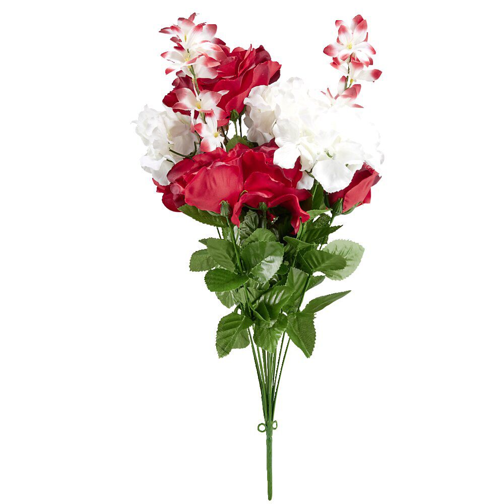 Bouquet fleurs artificielles hortensia/rose/delphinium rouge et blanc H62cm