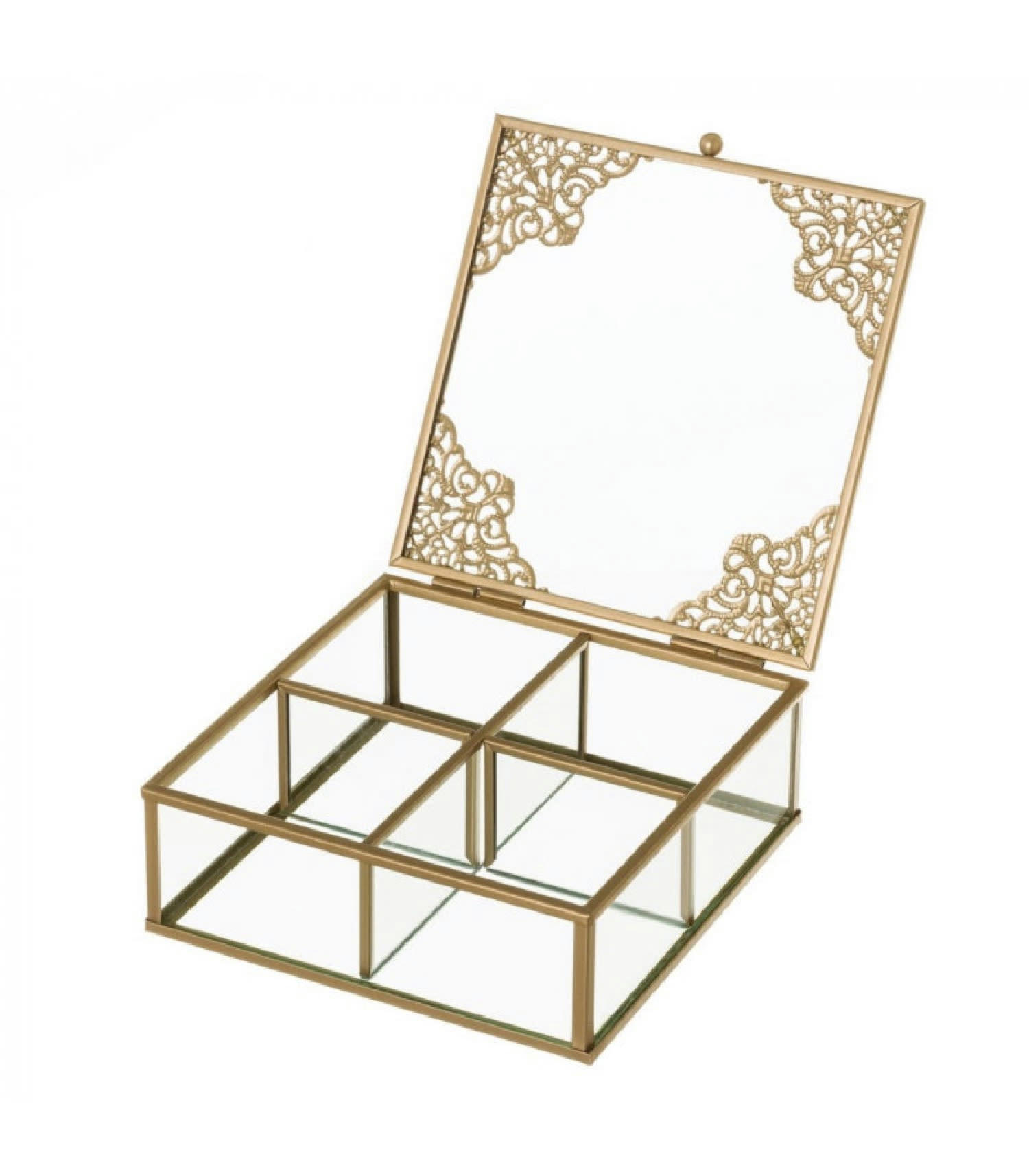 OR - Boîte à bijoux en métal doré et verre 4 compartiments