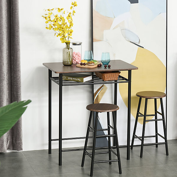 Ensemble table de bar design industriel   2 tabourets MDF imitation bois noyer métal noir