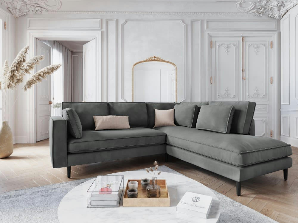 ALEXIS - Canapé d'angle 5 places en velours gris clair
