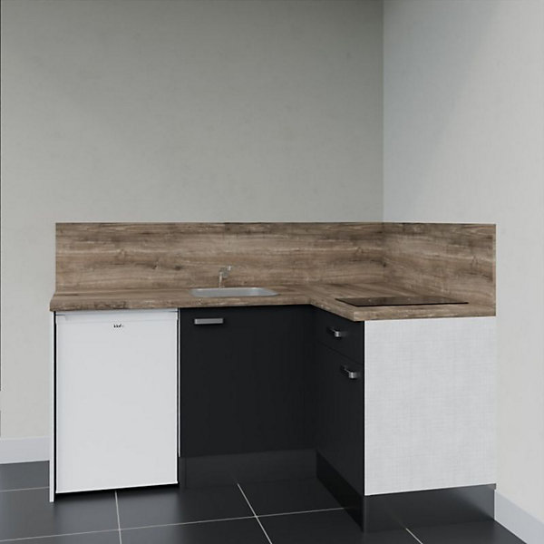 Kitchenette KA01 façades Noir - Plan de travail Bois - Crédences : Oui - Evier inox - Electroménager Blanc inclus