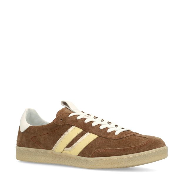 Bruine suède sneakers met gele details