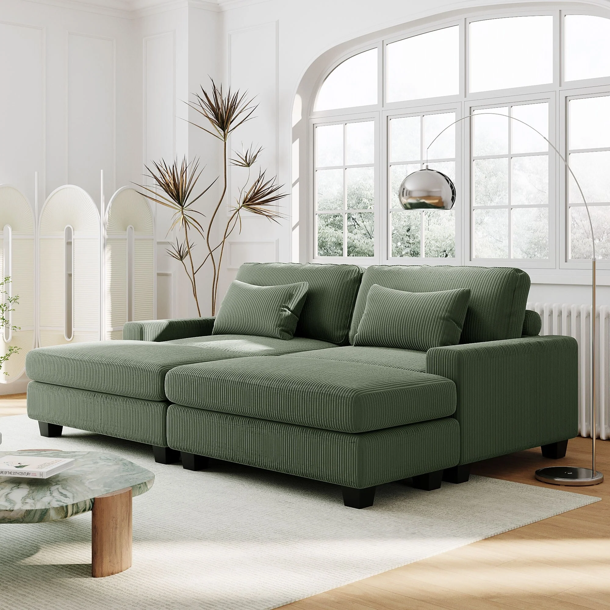 Green 90'' Polyester 2-Seater Sofa with Removable Back Cushions, 2 Pillows, and Detachable Ottomans