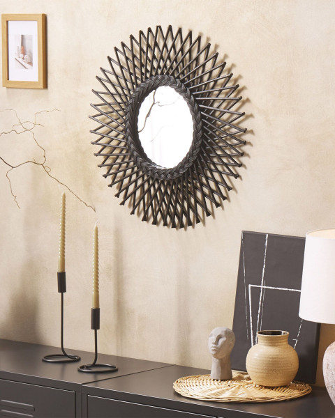 Lustro ścienne kształt słońca rattan 60 cm czarne
