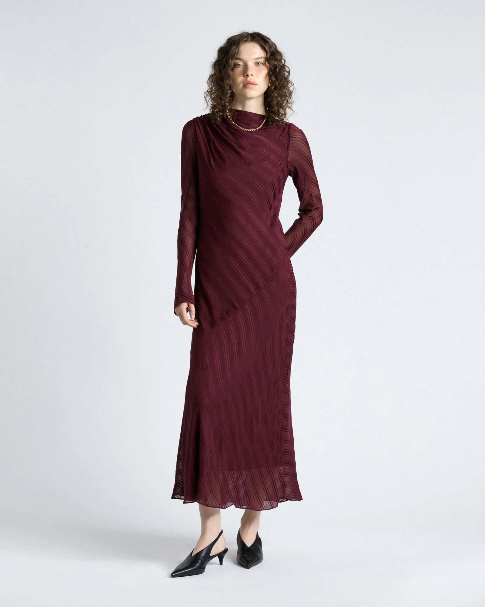Plum Self Stripe Gathered Midi Dress