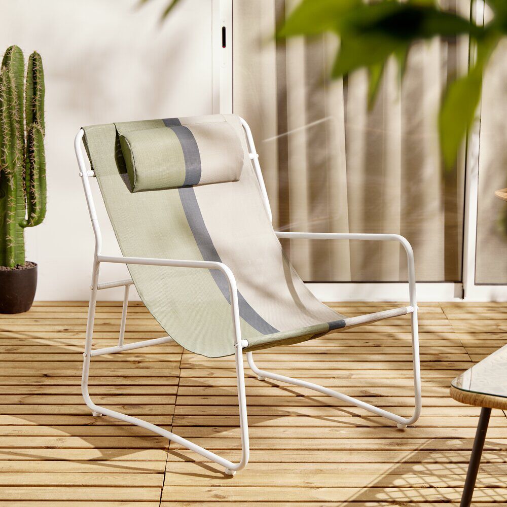 Fauteuil de jardin relax acier et textilène vert et blanc Oslow 83xH86x65cm