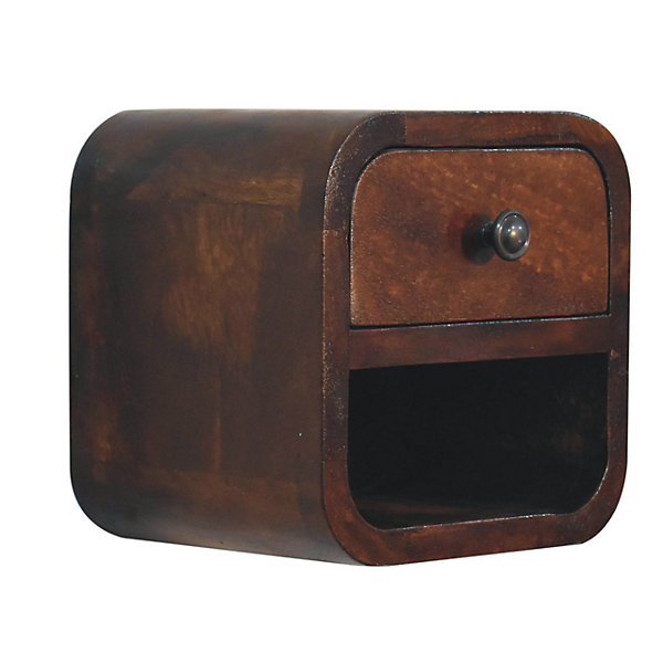 Artisan Furniture Bois massif Extra Mini courbé châtaignier table de chevet, 1 tiroir et ouvert étagère, marron foncé